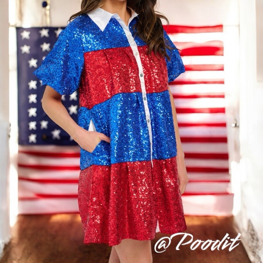 Peach Love California Red and Blue Sequin Mini Dress S M L - Picture 2 of 8